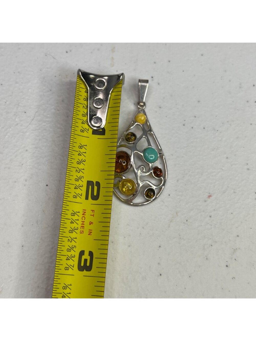 Teardrop Sterling Silver Pendant W/ Multi-Color Amber Stones & Turquoise Accent - Picture 6 of 12